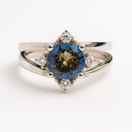 Double-sided silver ring, set with a color-changing zultanite stone and a luxurious blue sapphire stone.