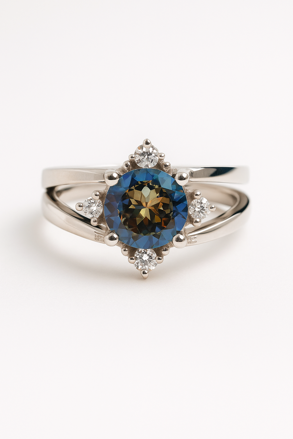 Double-sided silver ring, set with a color-changing zultanite stone and a luxurious blue sapphire stone.