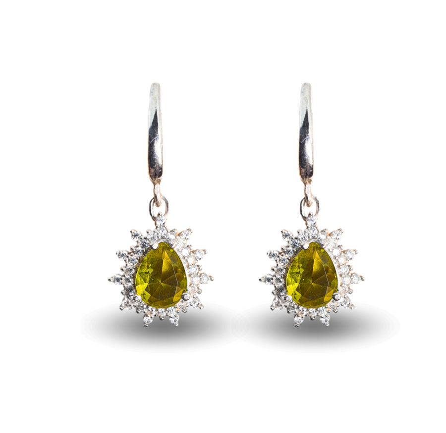 Earrings with teardrop-shaped Zultanite and a radiant zircon halo.