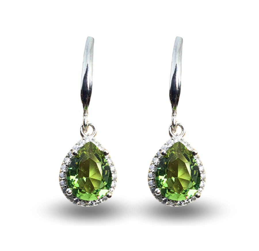 Earrings with teardrop-shaped Zultanite surrounded by a sparkling zircon frame.