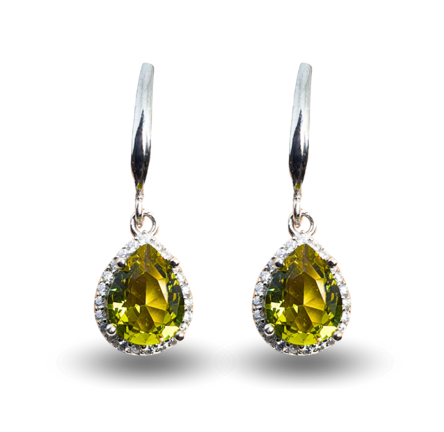 Earrings with teardrop-shaped Zultanite surrounded by a sparkling zircon frame.